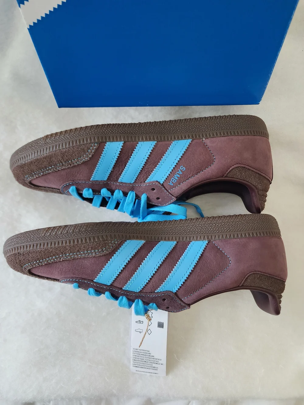 adidas Brown Suede Sneakers with Bright Blue Stripes and Laces - Picture 9 of 11
